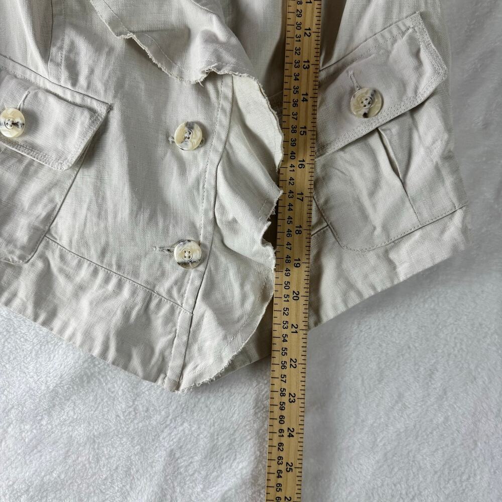 CAbi White Ruffle Blazer Jacket Medium Cropped 100% Linen Blend Military Chic - Picture 8 of 10
